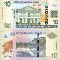 Суринам 10 долларов 2012г. №163b (вертикальная дата, типография Giesecke and Devrient)