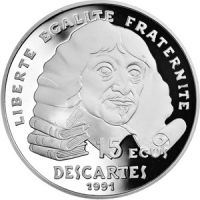 Франция 100 франков (15 экю) 1991г. /философ, математик и естествоиспытатель Рене Декарт/